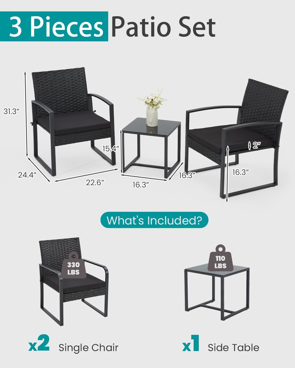 Bezseller 3 Pieces Patio Furniture Set,