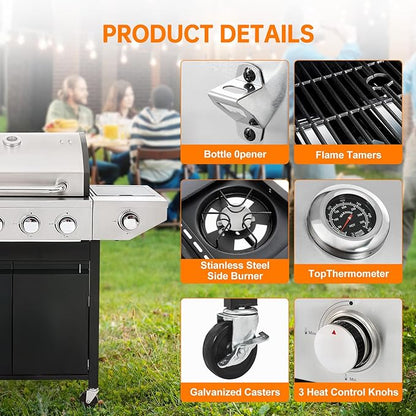 4 Burner Propane Gas Grill with Side Burner,