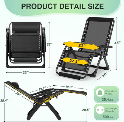 Suteck Oversized Zero Gravity Chair,33In XXL Lounge Chair w/Removable Cushion&Headrest, Reclining Camping Chair